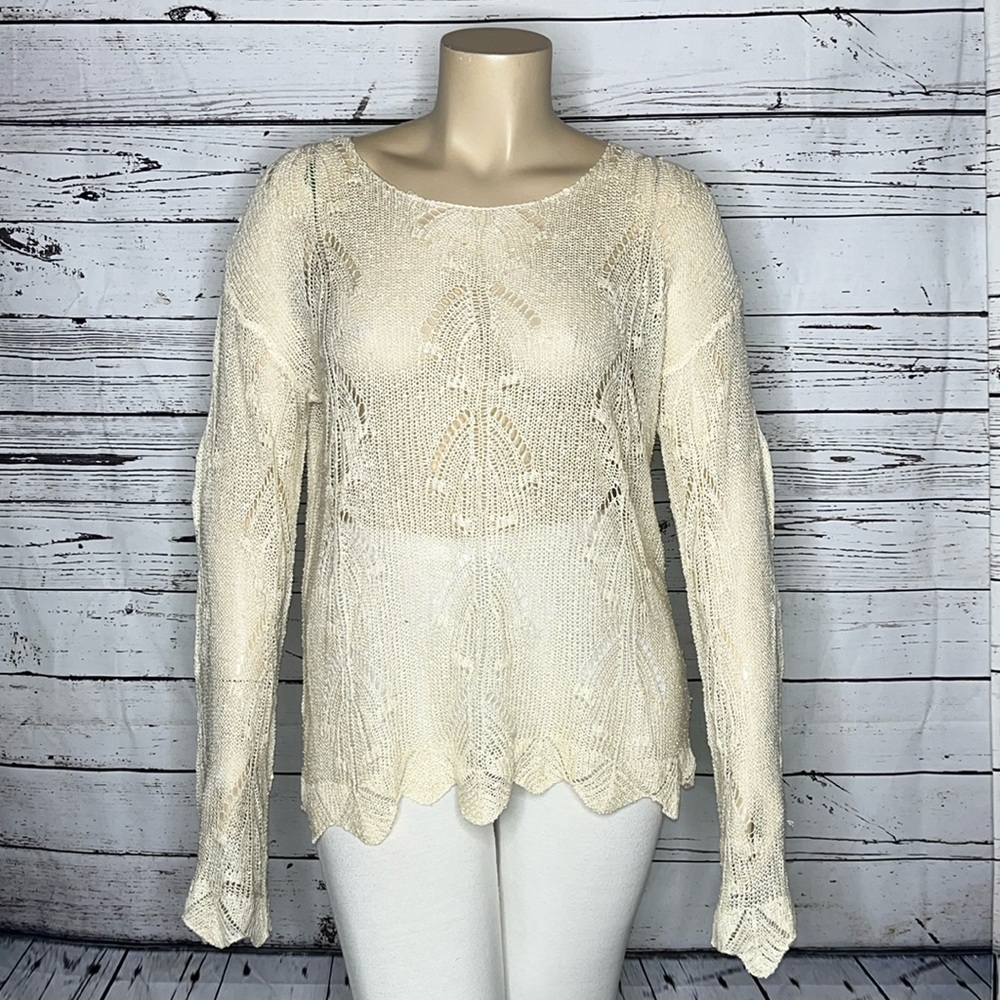 LR Lisa Robertson Size 1XL Ivory Crochet Open Weave Pullover Sweater Top